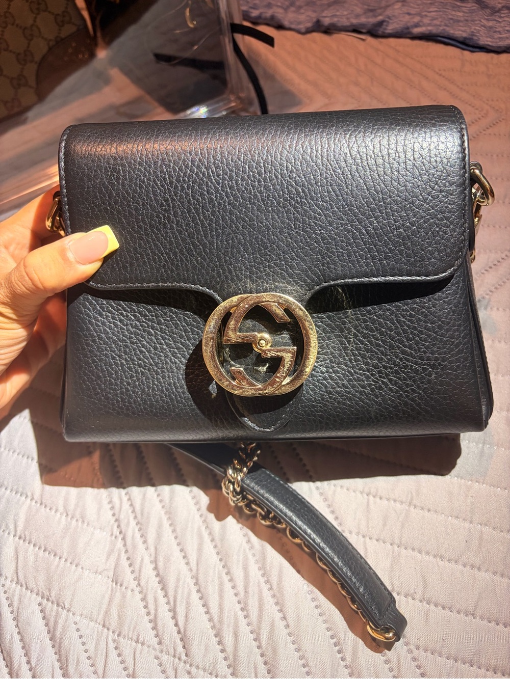Gucci Black Leather Crossbody with Gold Interlocking G